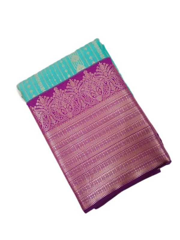 Aqua_Teal_With_Royal_Orchid_Border_Pure_Kanjivaram_Soft_Silk_Saree_With_Blouse