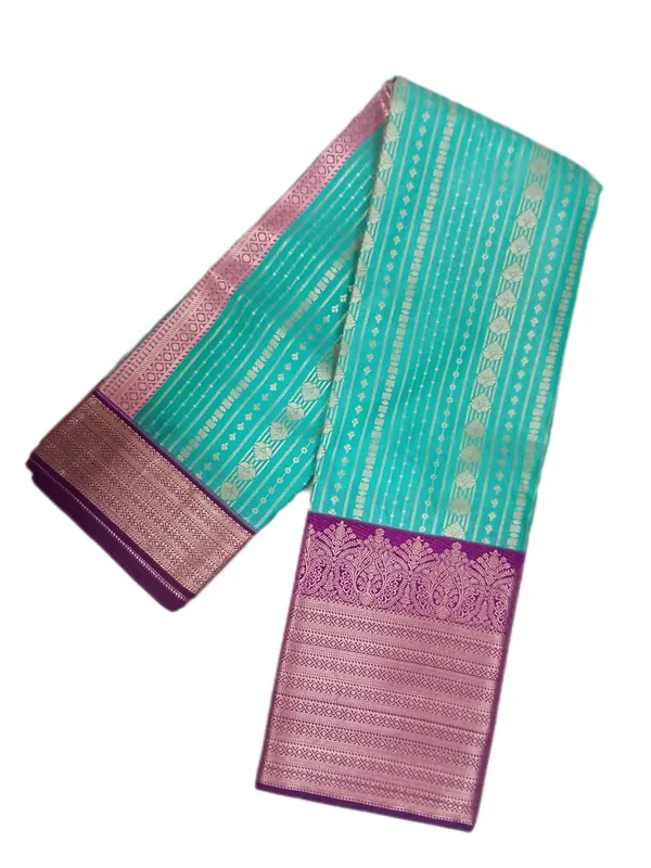 Aqua_Teal_With_Royal_Orchid_Border_Pure_Kanjivaram_Soft_Silk_Saree_With_Blouse