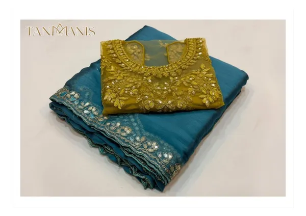 Fancy_Tissue_georgette_Saree_with_Blouse_-_Teal_Blue_with_Green_Banglori_work