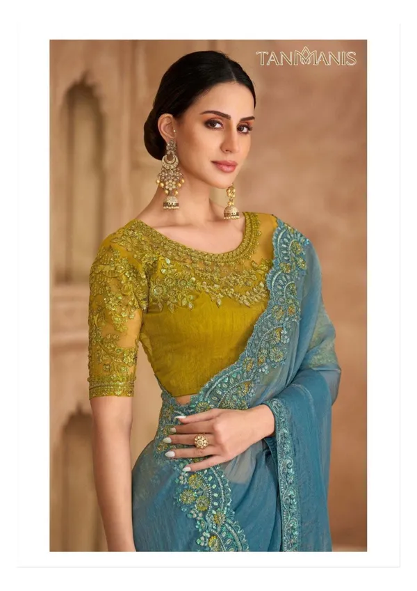 Fancy_Tissue_georgette_Saree_with_Blouse_-_Teal_Blue_with_Green_Banglori_work