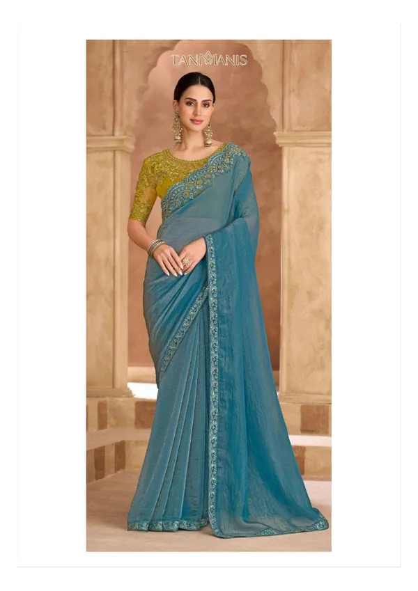 Fancy_Tissue_georgette_Saree_with_Blouse_-_Teal_Blue_with_Green_Banglori_work