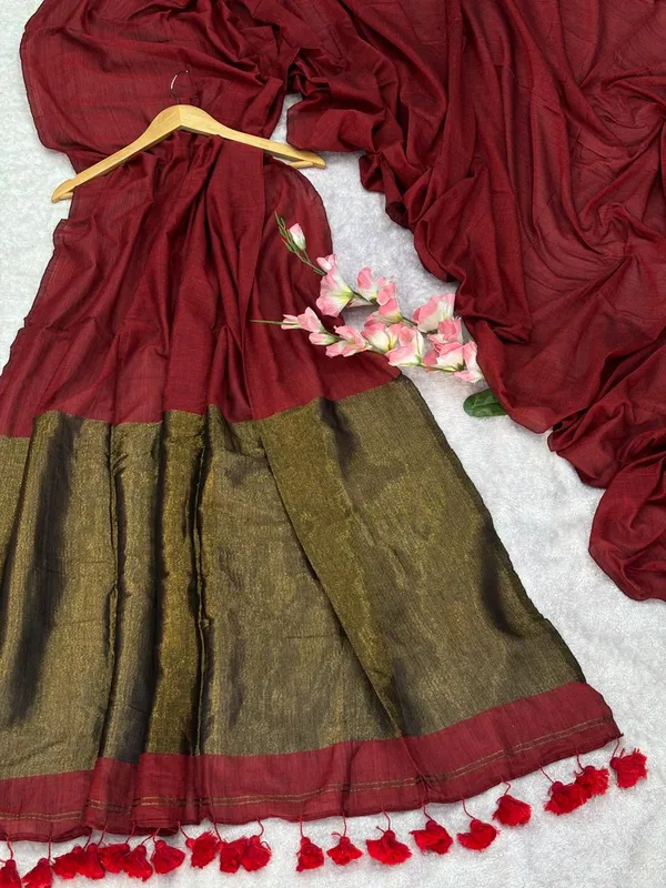 Khadi_cotton_saree_with_Blouse_-_Deep_crimson-red_with_golden_lagdi_pallu_work