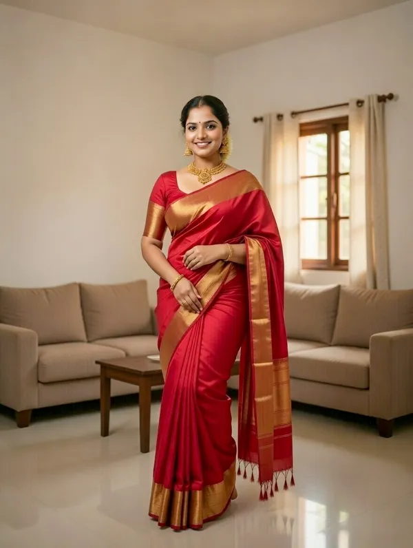 Khadi_cotton_saree_with_Blouse_-_Deep_crimson-red_with_golden_lagdi_pallu_work