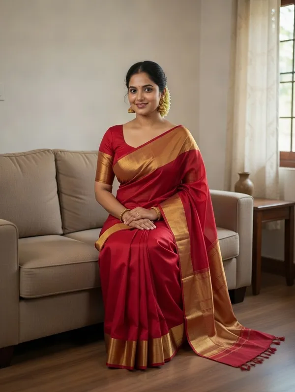 Khadi_cotton_saree_with_Blouse_-_Deep_crimson-red_with_golden_lagdi_pallu_work