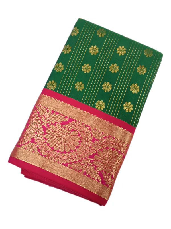 Emerald_Green_With_Rani_Pink_Grand_Zari_Border_Pure_Kanjivaram_Soft_Silk_Saree_With_Blouse