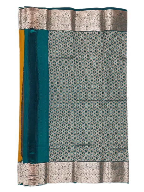 Mustard_Gold_Body_With_Teal_Contrast_Border_Pure_Kanjivaram_Soft_Silk_Saree_With_Blouse