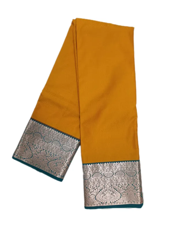 Mustard_Gold_Body_With_Teal_Contrast_Border_Pure_Kanjivaram_Soft_Silk_Saree_With_Blouse