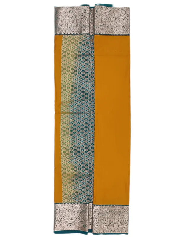 Mustard_Gold_Body_With_Teal_Contrast_Border_Pure_Kanjivaram_Soft_Silk_Saree_With_Blouse