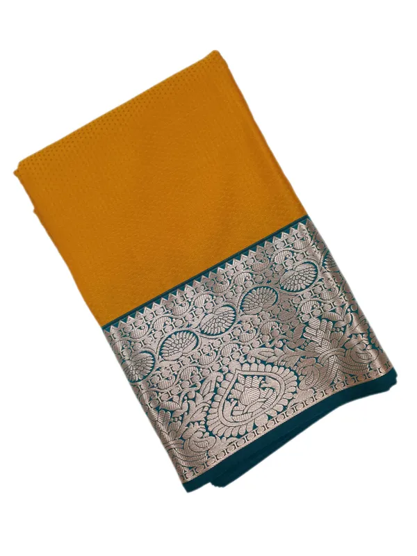 Mustard_Gold_Body_With_Teal_Contrast_Border_Pure_Kanjivaram_Soft_Silk_Saree_With_Blouse