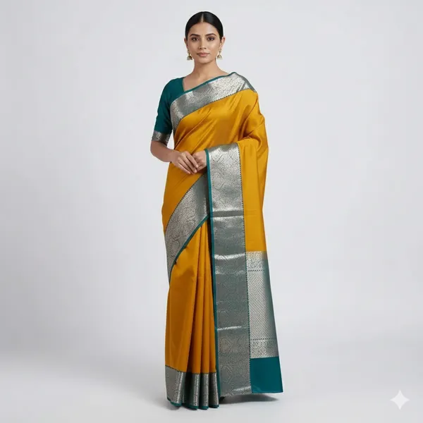 Mustard_Gold_Body_With_Teal_Contrast_Border_Pure_Kanjivaram_Soft_Silk_Saree_With_Blouse