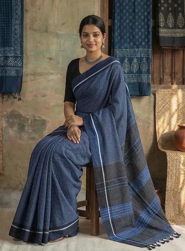 Patteda_Anchu_Handloom_Cotton_Saree_with_Blouse_-_Deep_Navy_Blue_with_contrasting_ivory-white_checks