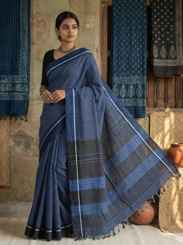 Patteda_Anchu_Handloom_Cotton_Saree_with_Blouse_-_Deep_Navy_Blue_with_contrasting_ivory-white_checks