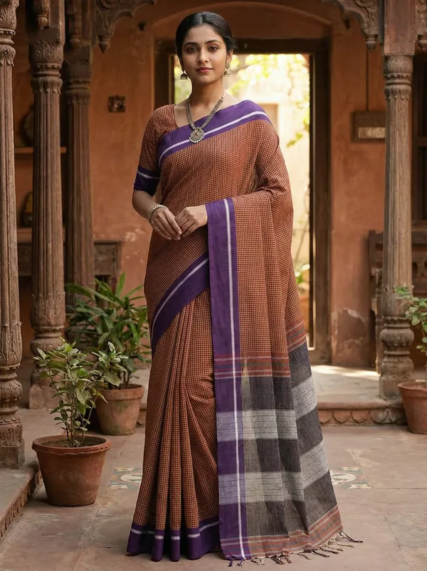 Patteda_Anchu_Handloom_Cotton_Saree_with_Blouse_-_Regal_Maroon_with_shimmering_Gold_Checks_and_Deep_Purple_Border