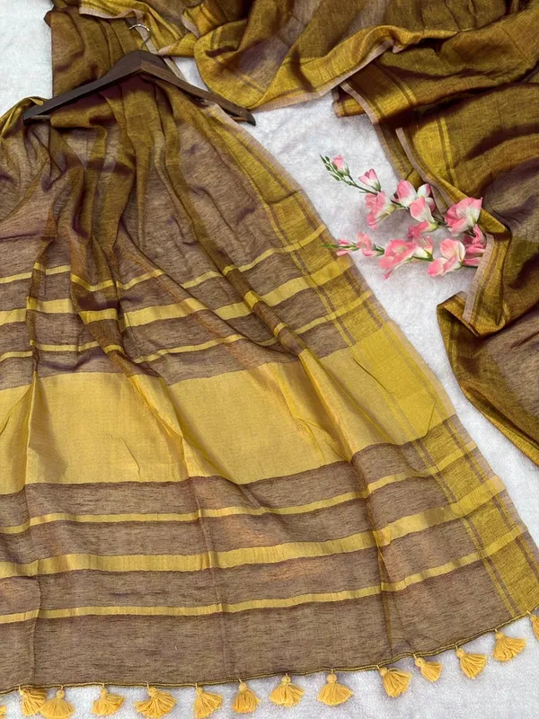 Tissue_crush_linen_silk_saree_-_Brown_colour_with_golden_zari_work