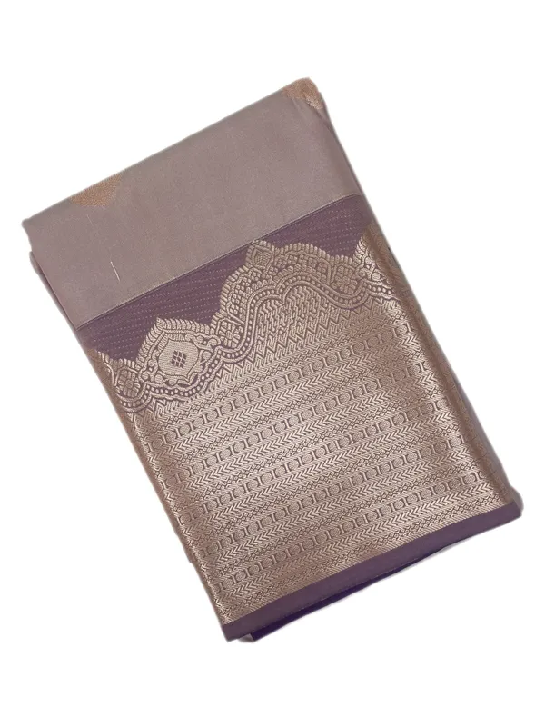 Taupe_Grey_With_Royal_Plum_Contrast_Pure_Kanjivaram_Soft_Silk_Saree_With_Blouse