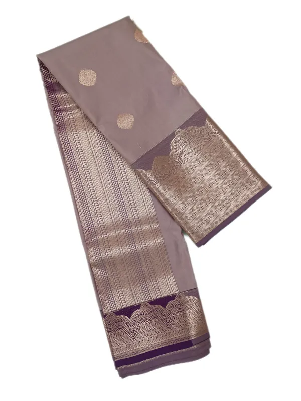 Taupe_Grey_With_Royal_Plum_Contrast_Pure_Kanjivaram_Soft_Silk_Saree_With_Blouse