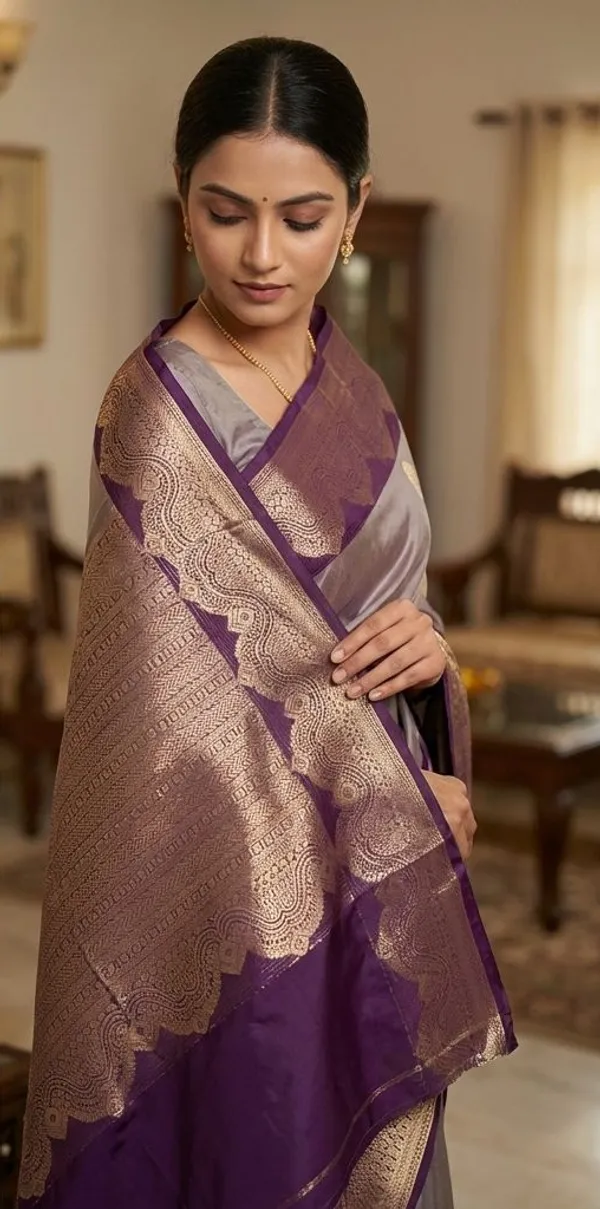 Taupe_Grey_With_Royal_Plum_Contrast_Pure_Kanjivaram_Soft_Silk_Saree_With_Blouse