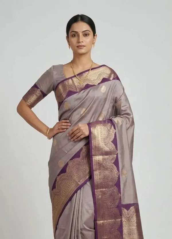 Taupe_Grey_With_Royal_Plum_Contrast_Pure_Kanjivaram_Soft_Silk_Saree_With_Blouse