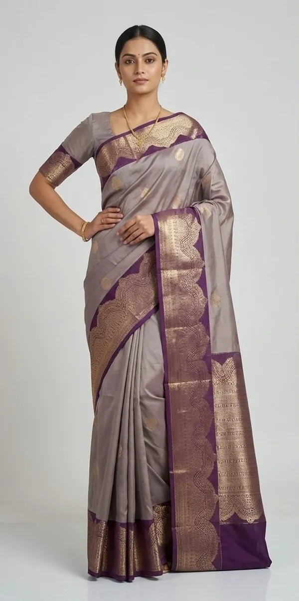Taupe_Grey_With_Royal_Plum_Contrast_Pure_Kanjivaram_Soft_Silk_Saree_With_Blouse