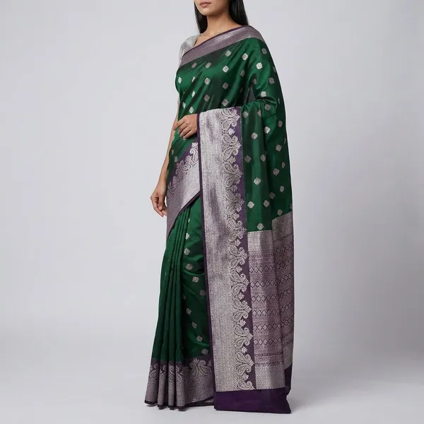 Emerald_Green_With_Antique_Silver_Zari_Pure_Soft_Silk_Saree_With_Blouse
