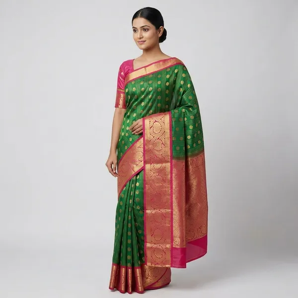 Emerald_Green_With_Rani_Pink_Grand_Zari_Border_Pure_Kanjivaram_Soft_Silk_Saree_With_Blouse