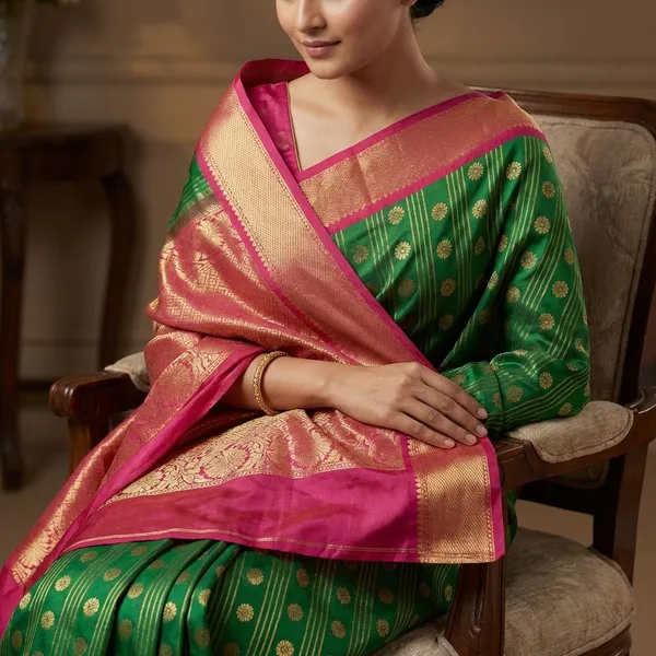 Emerald_Green_With_Rani_Pink_Grand_Zari_Border_Pure_Kanjivaram_Soft_Silk_Saree_With_Blouse