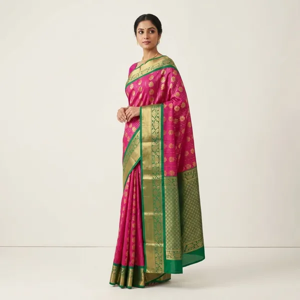 Rani_Pink_With_Emerald_Green_Contrast_Border_Pure_Kanjivaram_Soft_Silk_Saree_With_Blouse