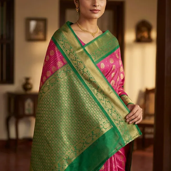 Rani_Pink_With_Emerald_Green_Contrast_Border_Pure_Kanjivaram_Soft_Silk_Saree_With_Blouse