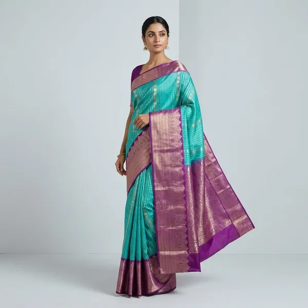 Aqua_Teal_With_Royal_Orchid_Border_Pure_Kanjivaram_Soft_Silk_Saree_With_Blouse