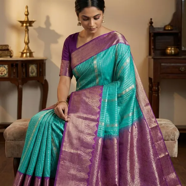 Aqua_Teal_With_Royal_Orchid_Border_Pure_Kanjivaram_Soft_Silk_Saree_With_Blouse