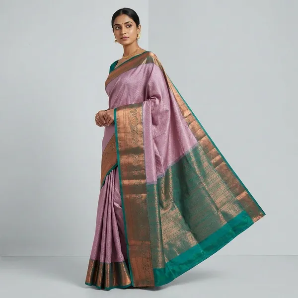Blush_Mauve_With_Emerald_Green_Contrast_Border_Pure_Kanjivaram_Soft_Silk_Saree_With_Blouse