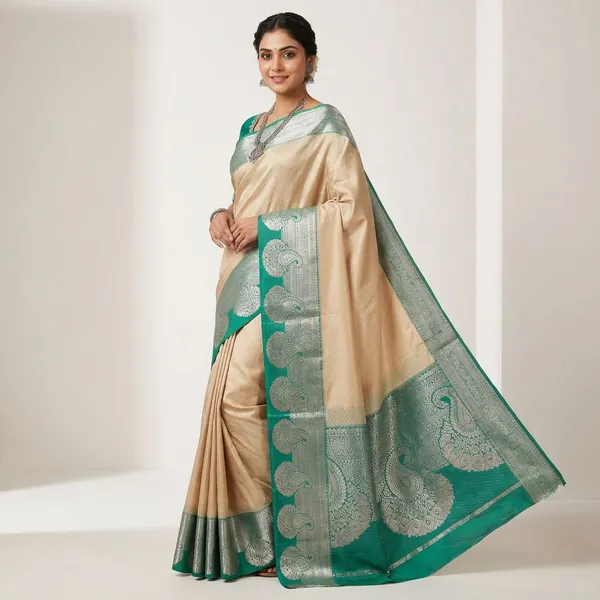 Soft_Ivory_With_Emerald_Green_Border_Pure_Kanjivaram_Soft_Silk_Saree_With_Blouse