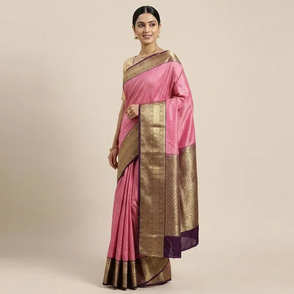Blush_Pink_With_Royal_Plum_Border_Pure_Kanjivaram_Soft_Silk_Saree_With_Blouse