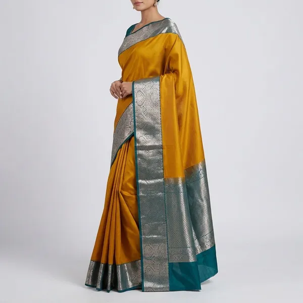 Mustard_Gold_Body_With_Teal_Contrast_Border_Pure_Kanjivaram_Soft_Silk_Saree_With_Blouse