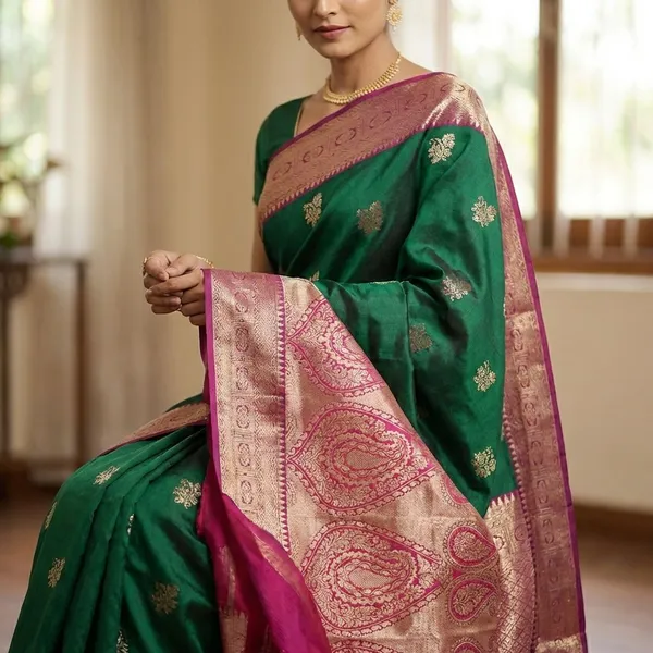 Emerald_Green_With_Rani_Pink_Contrast_Border_Pure_Kanjivaram_Soft_Silk_Saree_With_Blouse