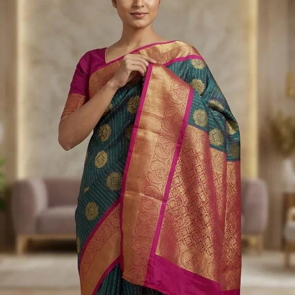 Emerald_Green_With_Rani_Pink_Contrast_Border_Pure_Kanjivaram_Soft_Silk_Saree_With_Blouse