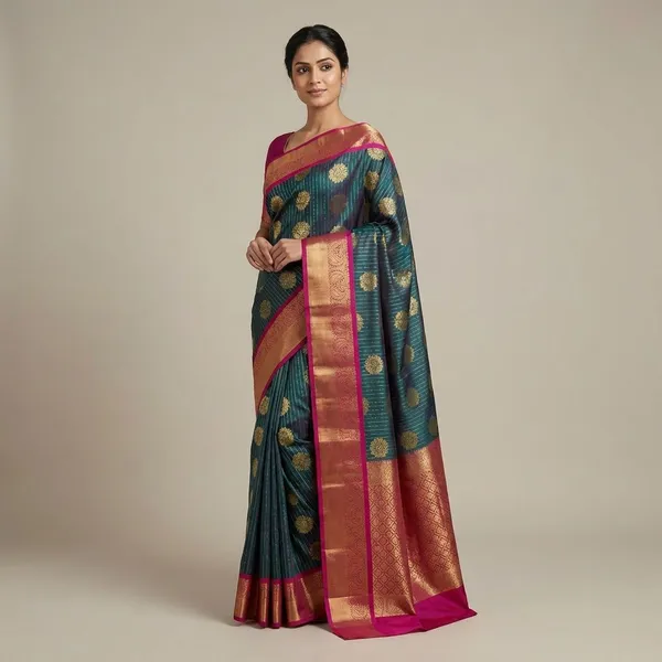 Emerald_Green_With_Rani_Pink_Contrast_Border_Pure_Kanjivaram_Soft_Silk_Saree_With_Blouse