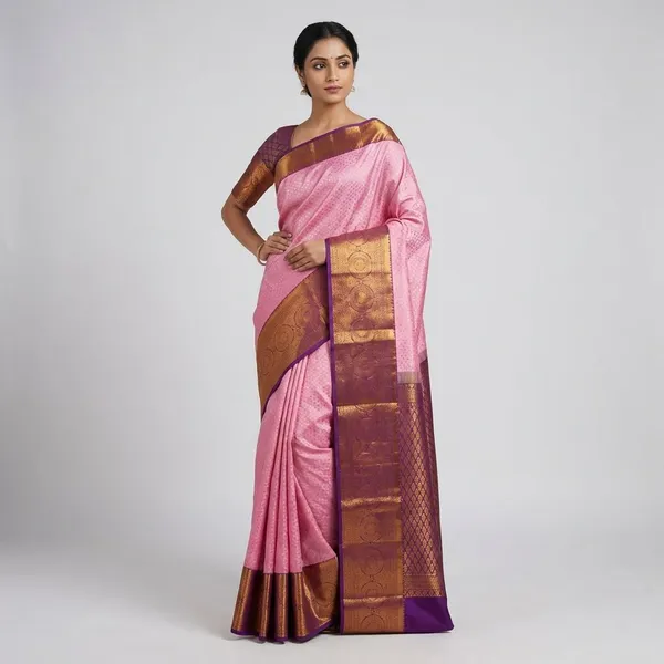 Blush_Pink_With_Royal_Amethyst_Border_Pure_Kanjivaram_Soft_Silk_Saree_With_Blouse