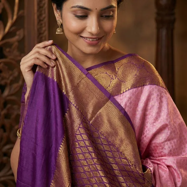 Blush_Pink_With_Royal_Amethyst_Border_Pure_Kanjivaram_Soft_Silk_Saree_With_Blouse