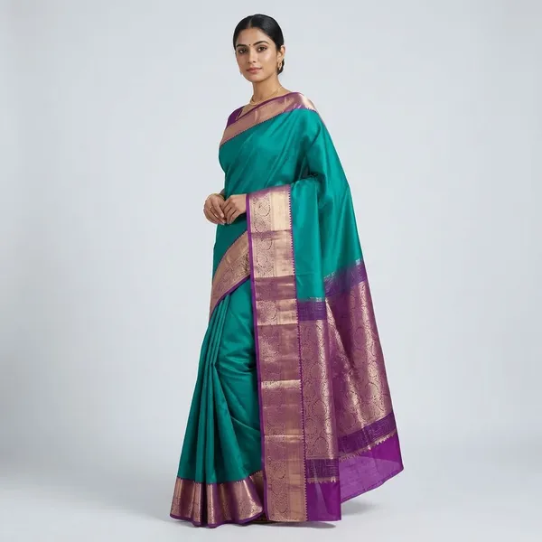 Jewel_Toned_Teal_Royal_Violet_With_Antique_Gold_Zari_Floral_Pure_Kanjivaram_Soft_Silk_Saree_With_Blouse