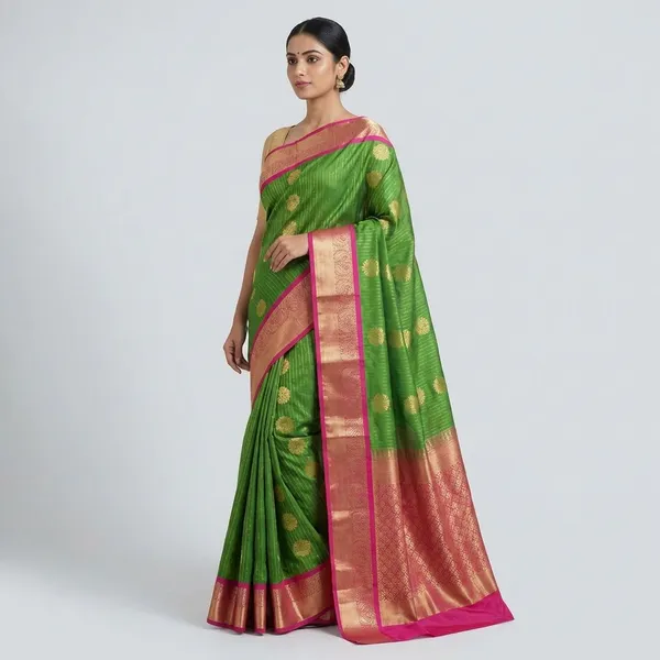 Parrot_Green_Body_With_Rani_Pink_Contrast_Border_Pure_Kanjivaram_Soft_Silk_Saree_With_Blouse