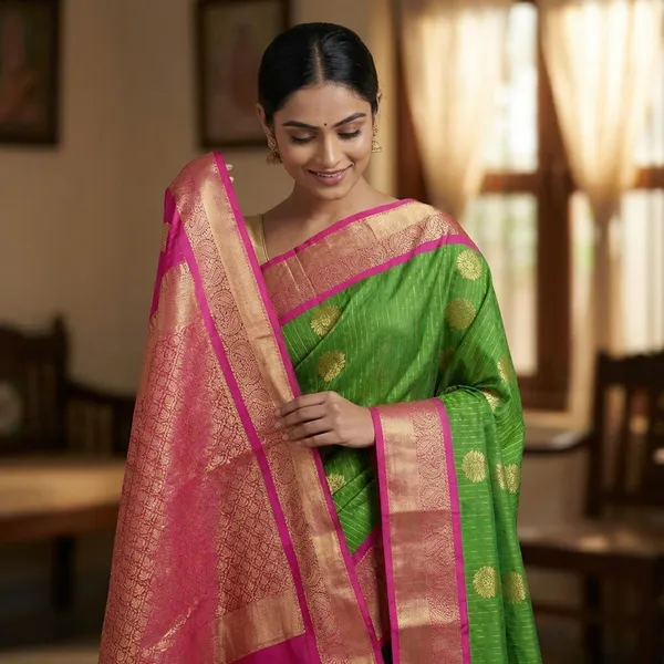 Parrot_Green_Body_With_Rani_Pink_Contrast_Border_Pure_Kanjivaram_Soft_Silk_Saree_With_Blouse