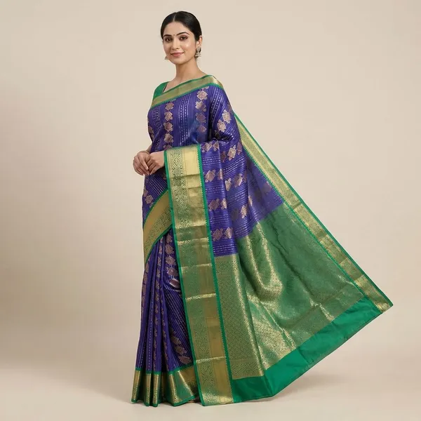 Royal_Cobalt_Blue_With_Contrast_Emerald_Green_Pure_Kanjivaram_Soft_Silk_Saree_With_Blouse