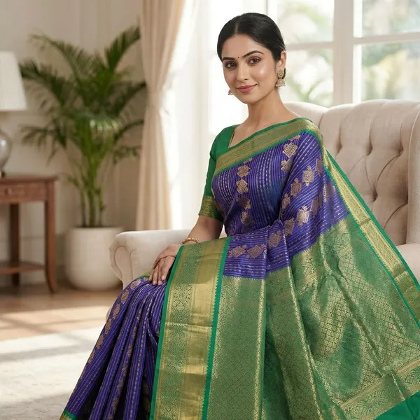 Royal_Cobalt_Blue_With_Contrast_Emerald_Green_Pure_Kanjivaram_Soft_Silk_Saree_With_Blouse