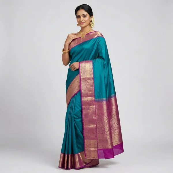 Jewel_Teal_Body_With_Contrast_Rani_Pink_Pure_Kanjivaram_Soft_Silk_Saree_With_Blouse