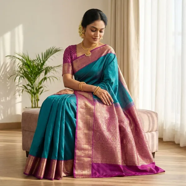 Jewel_Teal_Body_With_Contrast_Rani_Pink_Pure_Kanjivaram_Soft_Silk_Saree_With_Blouse