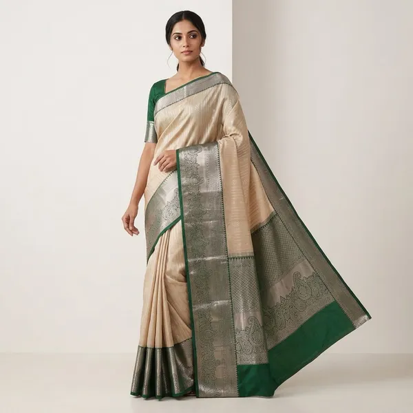 Ivory_Body_With_Emerald_Green_Contrast_Border_Pure_Kanjivaram_Soft_Silk_Saree_With_Blouse