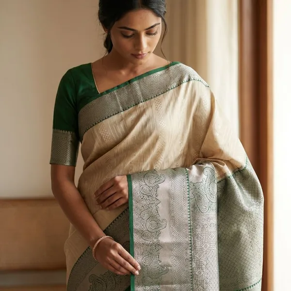 Ivory_Body_With_Emerald_Green_Contrast_Border_Pure_Kanjivaram_Soft_Silk_Saree_With_Blouse