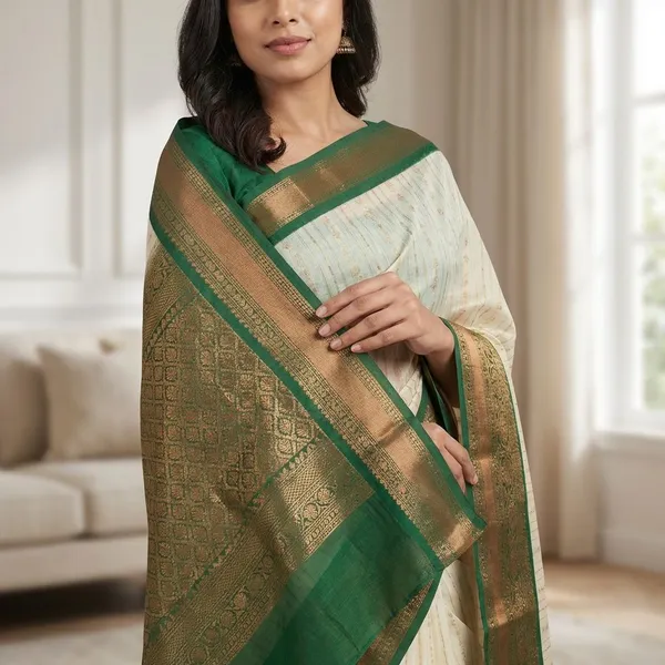 Soft_Ivory_With_Fine_Zari_Stripes_And_Buttas_Emerald_Green_Border_Pure_Kanjivaram_Soft_Silk_Saree_With_Blouse