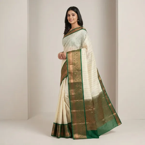 Soft_Ivory_With_Fine_Zari_Stripes_And_Buttas_Emerald_Green_Border_Pure_Kanjivaram_Soft_Silk_Saree_With_Blouse